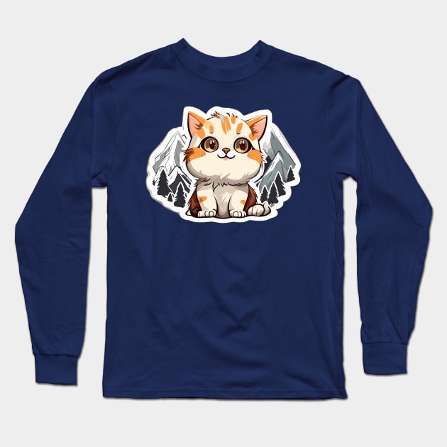 Orange Funny Cat Mountain Long Sleeve T-Shirt by Charlie Dion